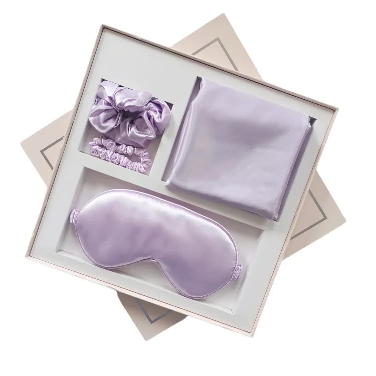 NNEDSZ Purple Luxury Faux Silk Sleep Gift Set - 4-Piece Eye Mask, Pillowcase & Scrunchies for Relaxation & Comfort-0